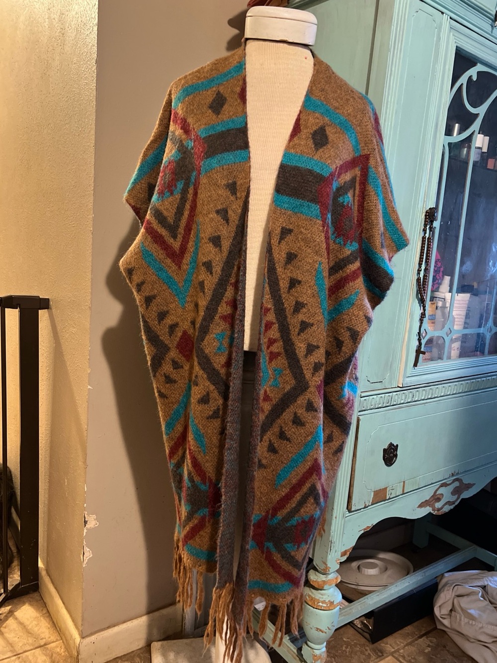 Savanna Jane Aztec Southwestern Fringe Open Cardigan Sweater Wool Blend  M-L